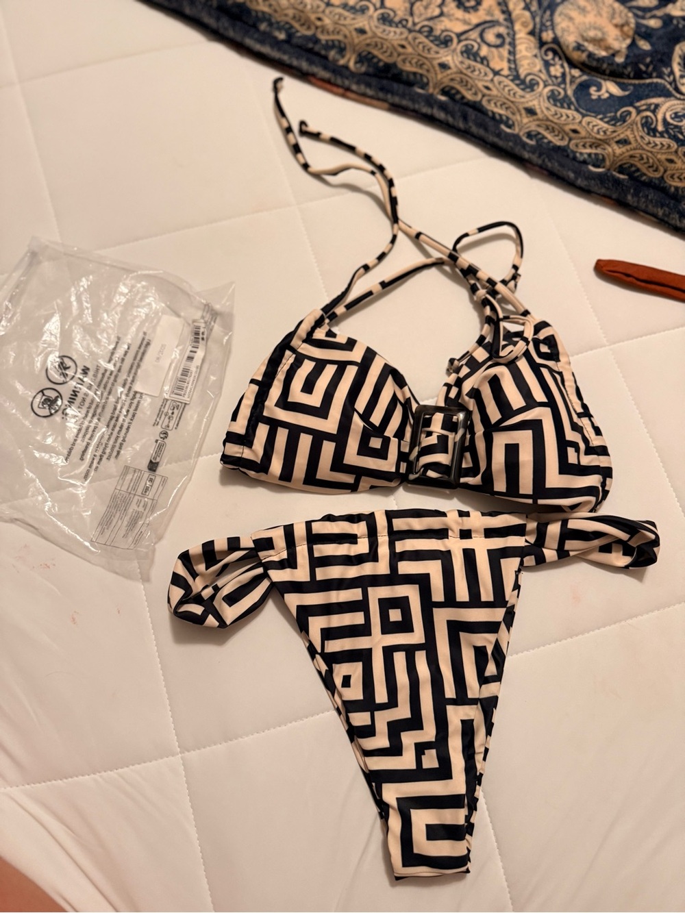 Geometric Print Bikini Set in Black & Cream Fendi look-alike